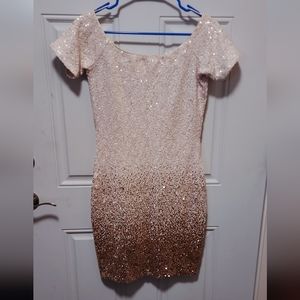 Cream/Gold Ombre Sequin Off Shoulder Dress | Dress the Population